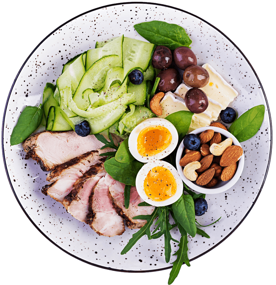 Ketogenic buddha bowl with meatloaf, eggs, avocado, and fresh greens
